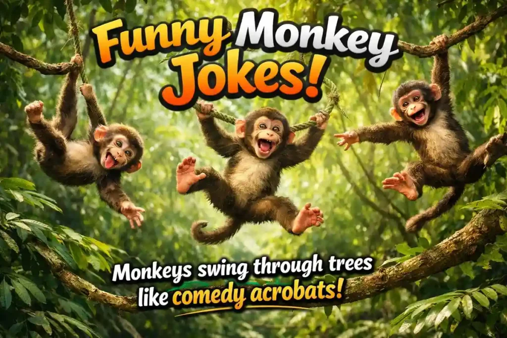 Monkeys swing through trees like comedy acrobats.