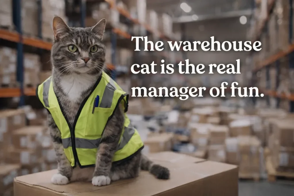 The warehouse cat is the real manager of fun.