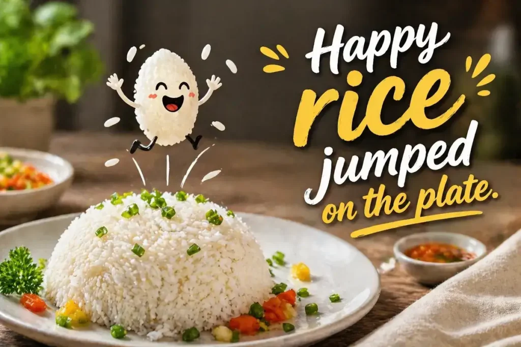 Happy rice jumped on the plate.