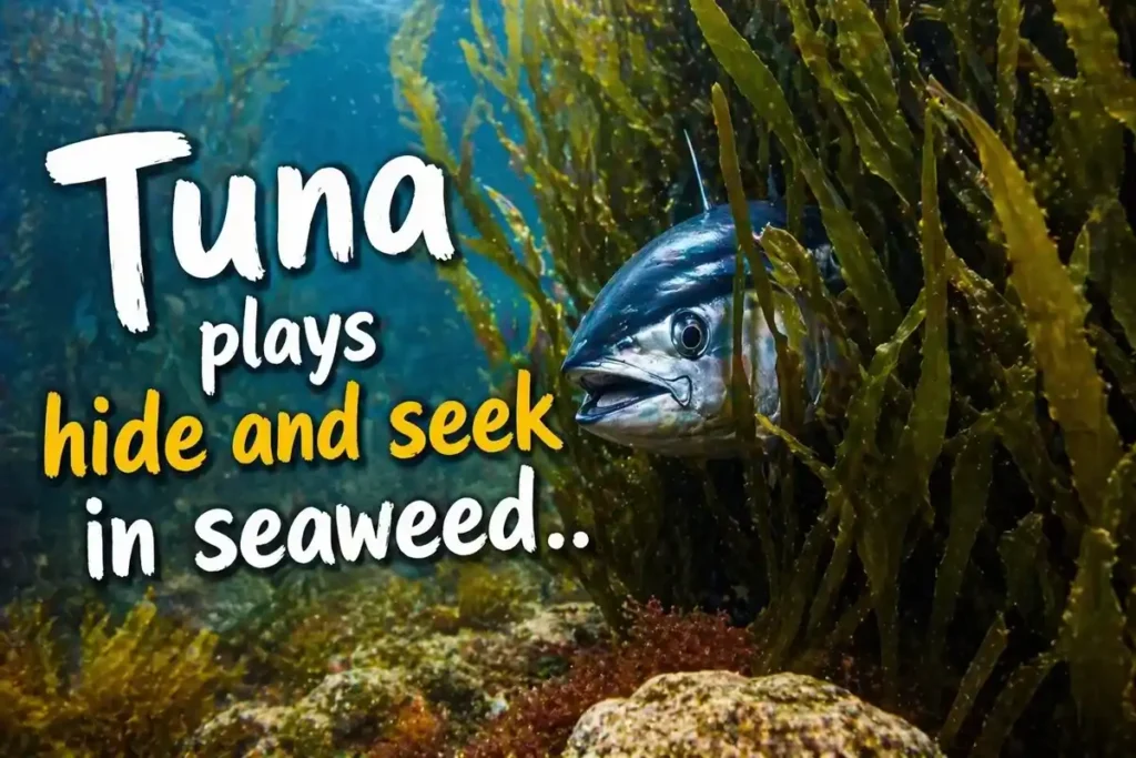 Tuna plays hide and seek in seaweed.