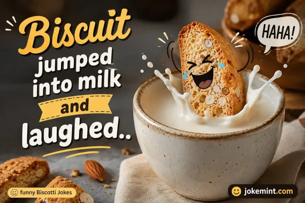 Biscuit jumped into milk and laughed.